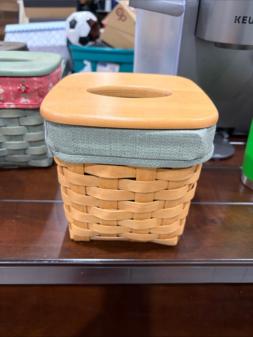 Longaberger Woven Wood Tissue Box Cover with Sage Trim and Natural Lid